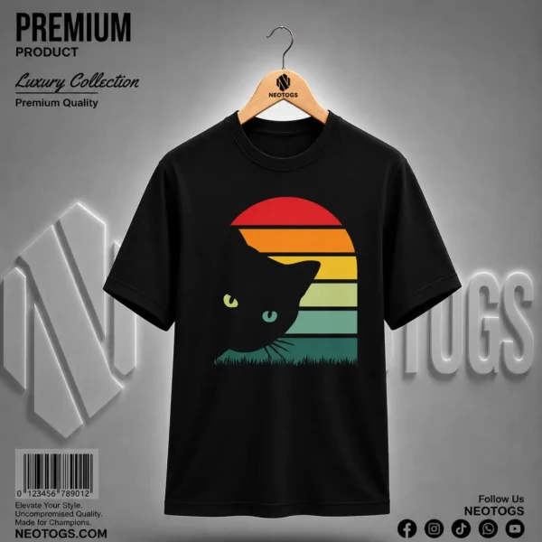 Cat Printed Black T-Shirt for Men by NEOTOGS