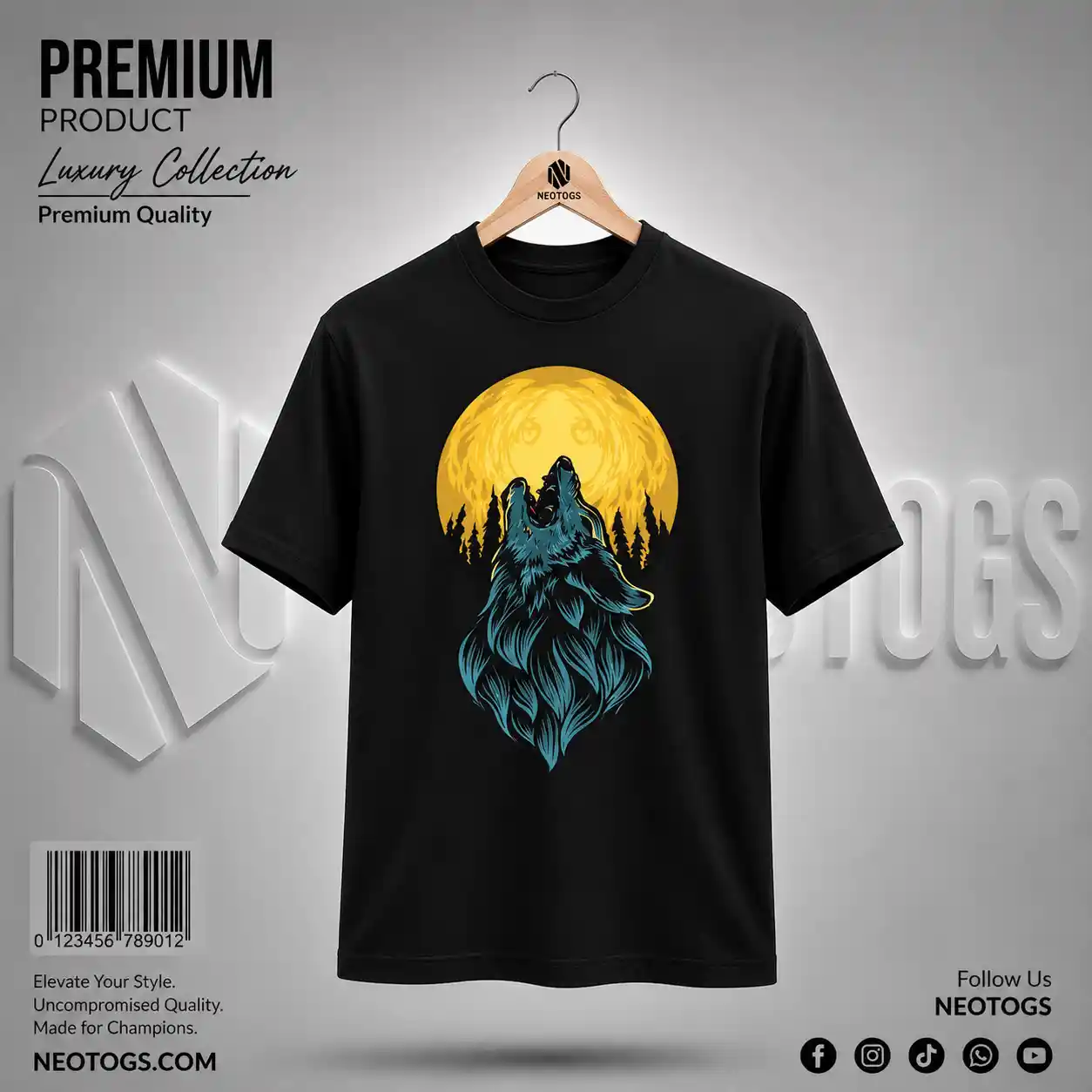 Wolf Printed Black T-Shirt: 1 Best Wild Nature Style Tee 1 Wolf Printed Black T-Shirt for Men by NEOTOGS