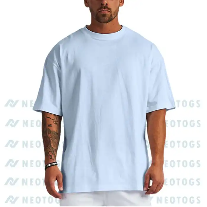 Neotogs Lite Blue Color Drop Shoulder Custom T Shirt Front Side